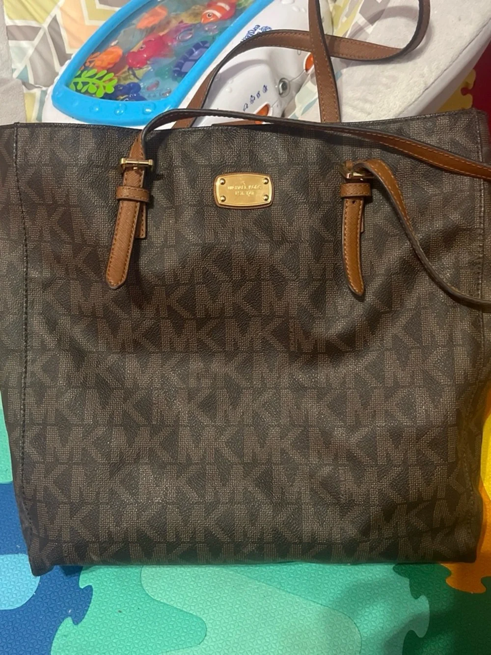 Michael Kors Brown Logo Canvas Tote with Tan Leather Accents